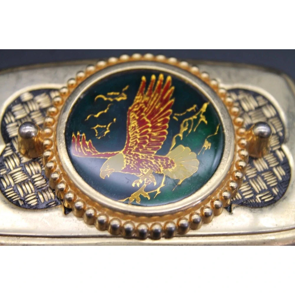 Vintage Brass Rectangle Belt Buckle Enamel Eagle Emblem Made in USA